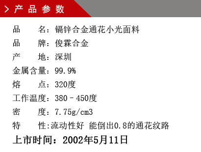 品 名：镉锌合金通花小光面料 品 牌：俊霖合金 产 地：深圳 金属含量：99.9% 熔 点：280度 密 度：7.23g/cm3特 性:能倒出0.8的通花纹路上市时间：2002年5月11日